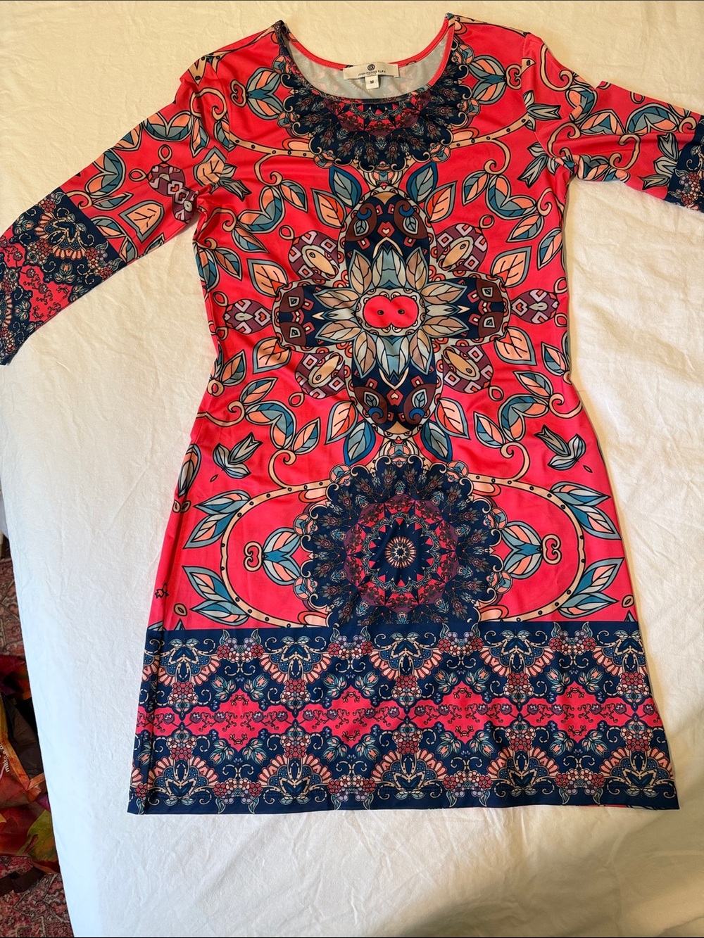 Jeanne Pierre Klifa Daphne Vibrant Coral Mandala Print Long Sleeve short Dress